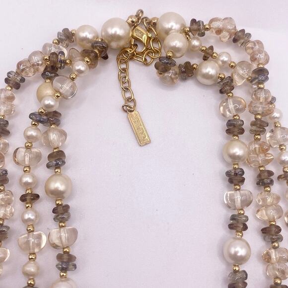Vntg Napier Signed Three Strands Necklace Faux Pearls and Quartz Beads - Picture 5 of 5